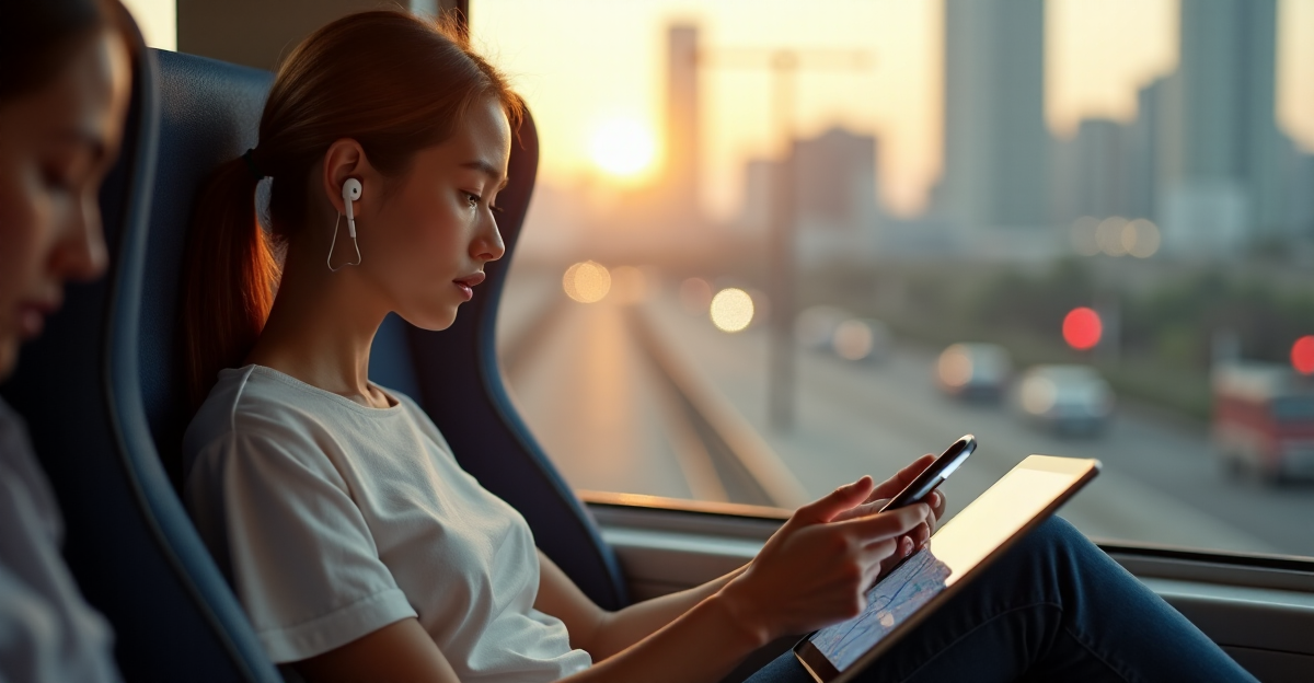 A young woman sits comfortably on a train seat surrounded by mobile travel gadgets and 5G technology devices, planning her next journey with ease and top-notch connectivity gadgets.