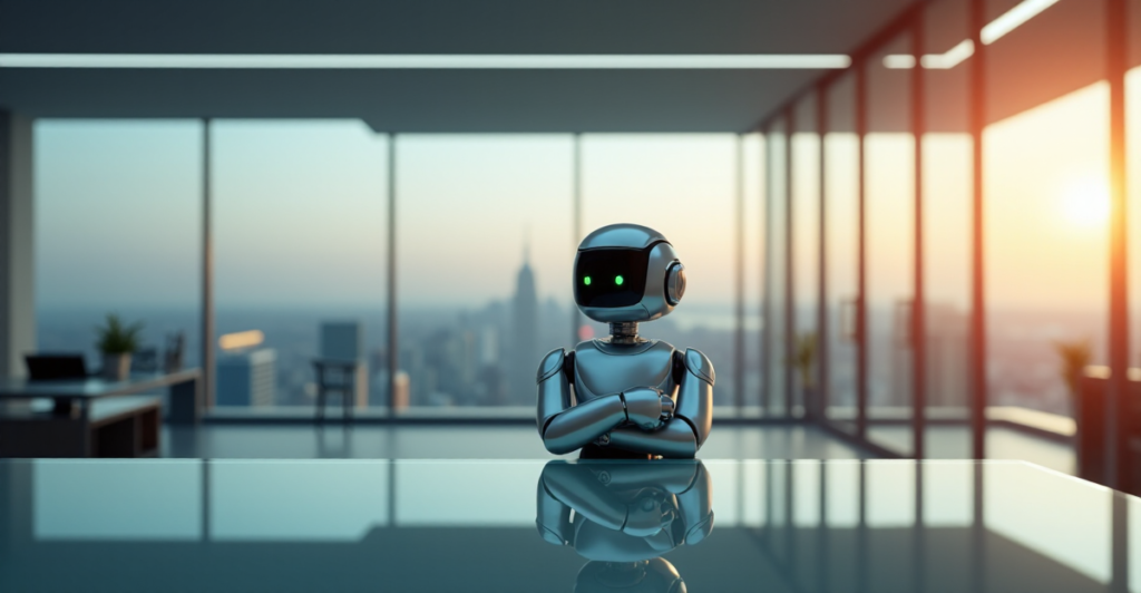 "A sleek silver robotic assistant sits confidently on a minimalist glass desk in a modern office environment with a panoramic city view, showcasing effortless efficiency and top streamlining tech."
