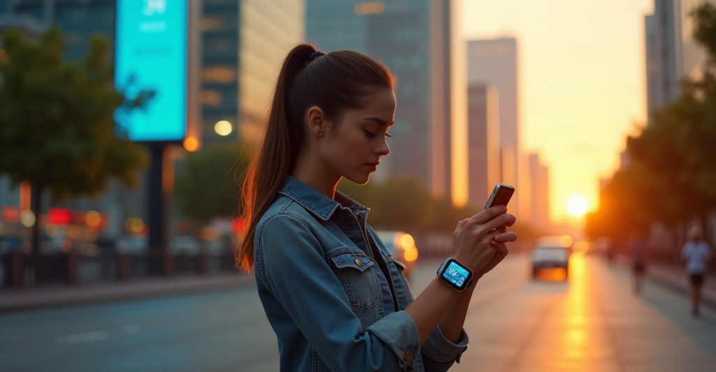 "A young woman stands confidently in front of a cityscape at sunset, wearing a sleek silver smartwatch with pulsing blue lights, displaying her daily activity levels and vital signs."