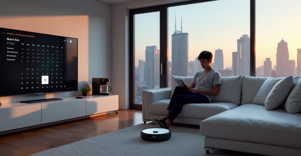 "A young adult sits on a white leather sofa surrounded by modern tech gadgets in a minimalist living room with soft natural light and cityscape background."
