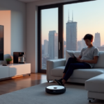 "Top Miscellaneous Tech for a Smarter Lifestyle: Essential Gadgets for Effortless Efficiency" "A young adult sits on a white leather sofa surrounded by modern tech gadgets in a minimalist living room with soft natural light and cityscape background."