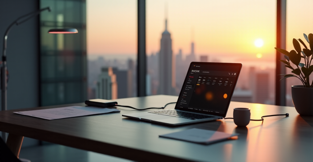 "A modern office space with a sleek desk featuring cutting-edge 5G smartwatch and AI-powered tablet integrated for maximum productivity, amidst a serene cityscape at sunset."