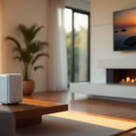 "A serene living room with a modern smart home setup featuring a sleek white speaker system, minimalist decor, and a large 4K smart TV displaying a natural landscape."