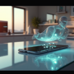 "A futuristic smartphone with holographic display hovers above a high-tech laboratory desk, surrounded by cutting-edge gadgets in warm golden hour light."