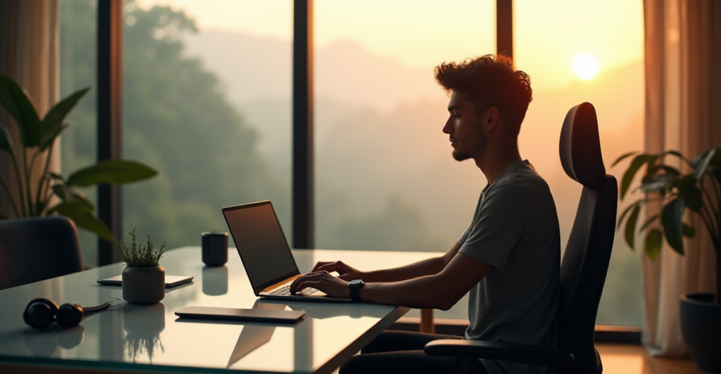 "A young professional sits calmly in a modern home office, surrounded by cutting-edge gadgets and natural light, focused on their sleek laptop."