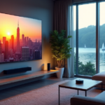 "A modern living room featuring a large 4K TV displaying a futuristic cityscape at sunset, surrounded by cutting-edge smart home devices in a serene atmosphere with natural light."