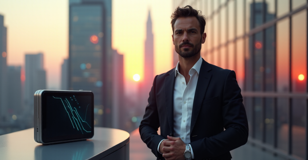 "Max Zypher stands confidently in front of a modern cityscape at sunset, holding a cutting-edge wearable device with glowing blue lines."