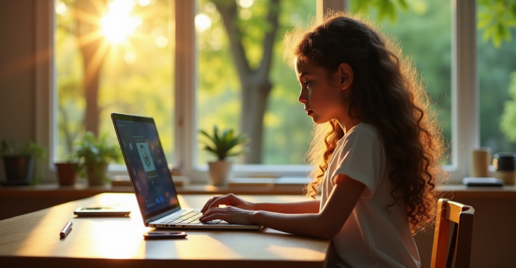 "A young girl sits at a wooden desk surrounded by education technology tools in a bright learning environment with lush green park views."