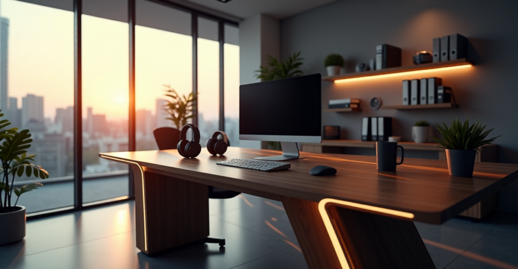 "A modern office space featuring a sleek desk with cutting-edge gadgets, natural light, and minimalist decor."