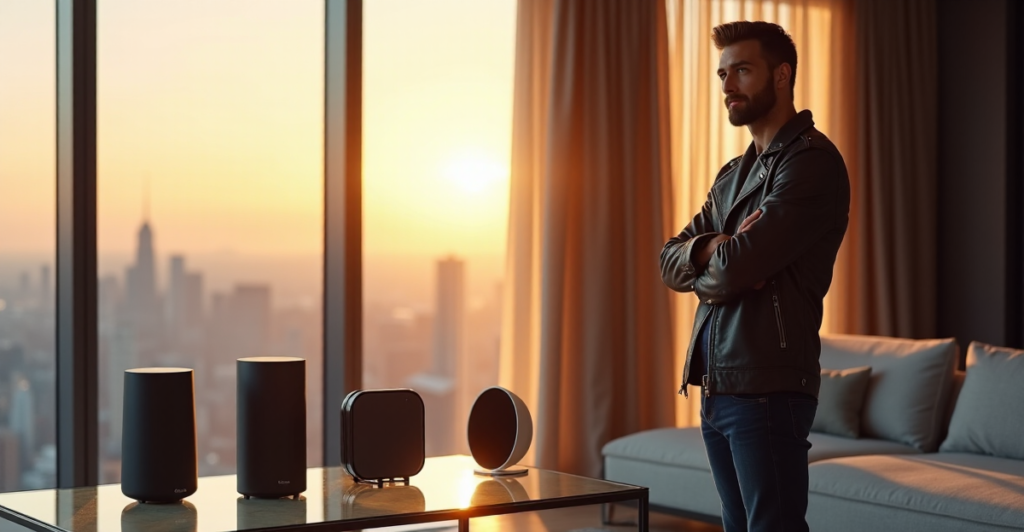 "Max Zypher confidently stands in front of a modern smart home setup featuring top 5G connectivity gadgets, including a futuristic smart speaker and advanced security camera."