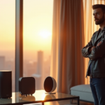 "Max Zypher confidently stands in front of a modern smart home setup featuring top 5G connectivity gadgets, including a futuristic smart speaker and advanced security camera."