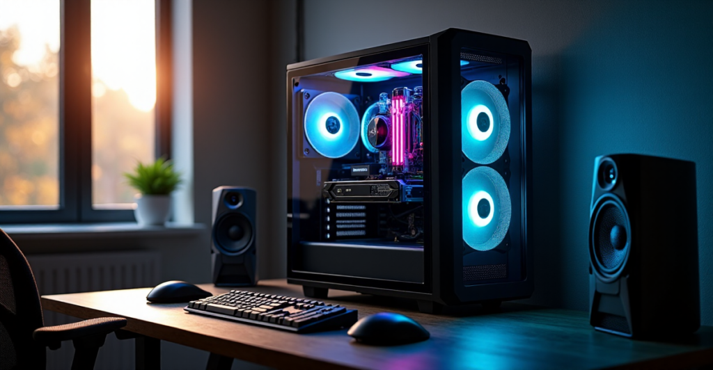 "A high-end gaming PC setup on a minimalist desk in a modern home office, featuring top-tier gadgets with advanced connectivity options."