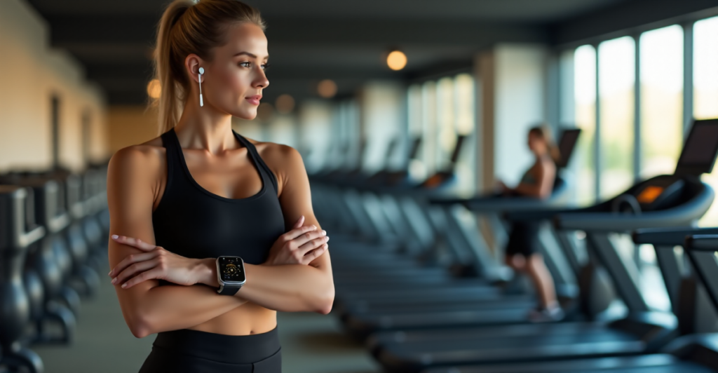 "A young woman wearing a sleek silver smartwatch with high-quality leather strap, exercising in a modern gym with blurred background, showcasing determination and focus on fitness goals."