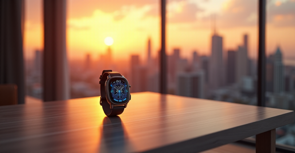 "A sleek, cutting-edge smartwatch on a minimalist wooden desk in a modern living room with cityscape view at sunset."