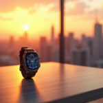"A sleek, cutting-edge smartwatch on a minimalist wooden desk in a modern living room with cityscape view at sunset."