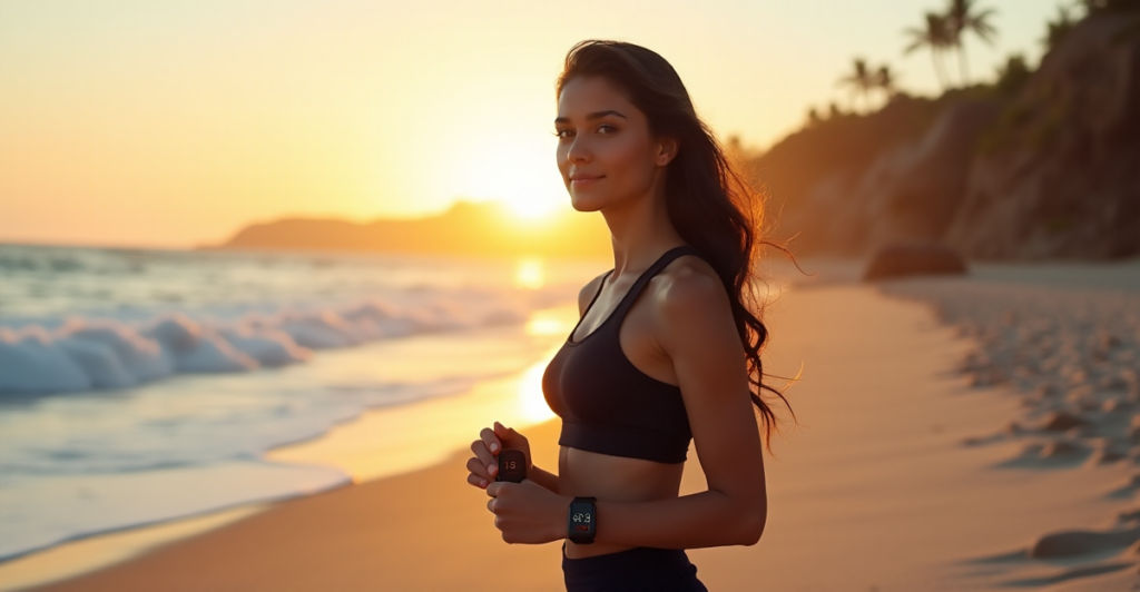 "A young woman stands on a serene beach at sunset, wearing fitness tracker and smartwatch displaying health metrics, with a tranquil beach scene in the background."
