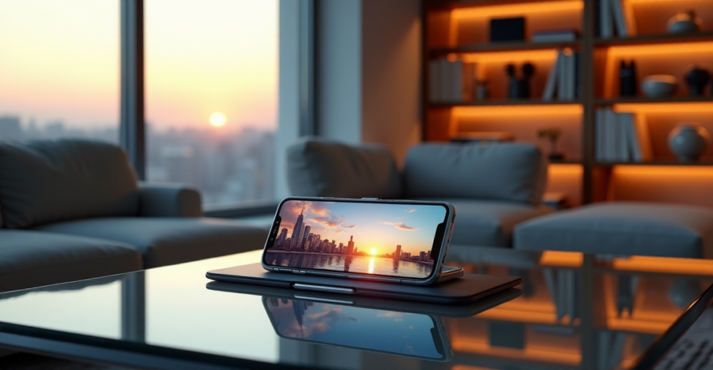 "A sleek silver smartphone on a glass coffee table in a modern living room, surrounded by cutting-edge gadgets and leather-bound books."