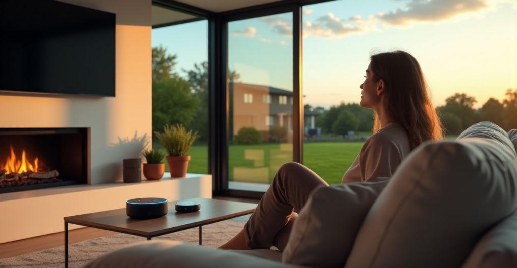"A woman sits on a plush couch in a modern living room surrounded by smart home devices, enjoying serene suburban views during late afternoon golden hour."