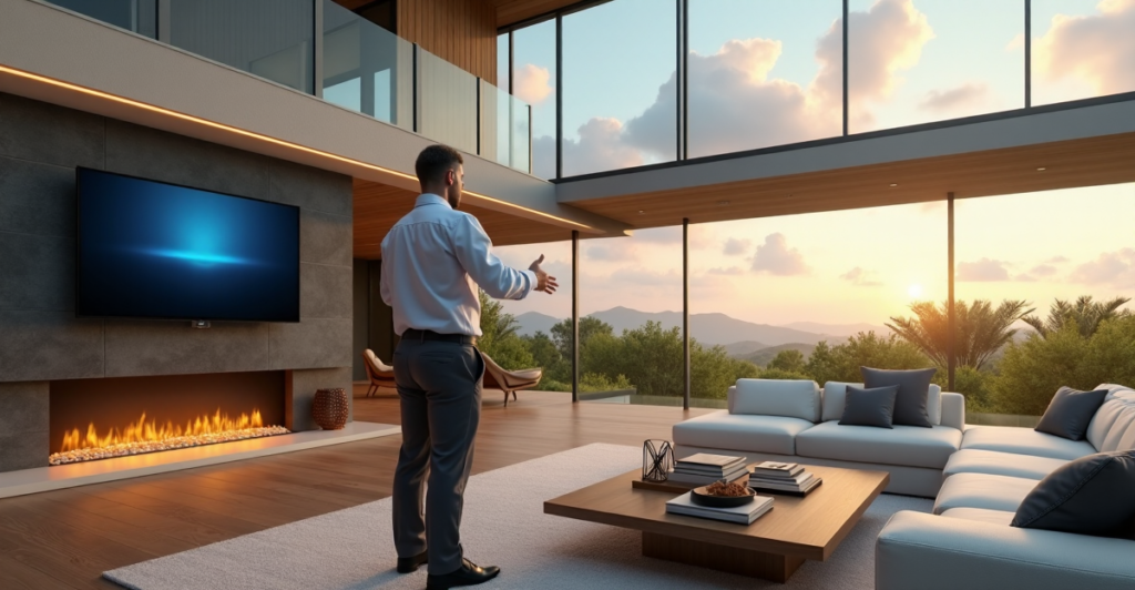 A man stands confidently in a modern smart home surrounded by cutting-edge devices, gesturing towards a central touchscreen display with soft blue glow, amidst warm natural light and lush greenery.