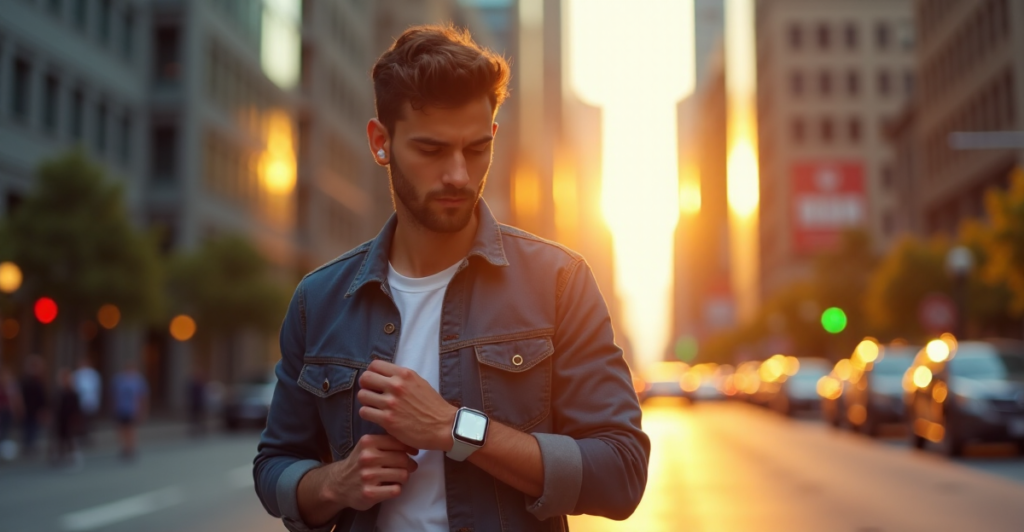 "A person wearing multiple smart wearables walks through a bustling city street during golden hour, showcasing top 5G connectivity gadgets."