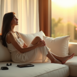 "A serene woman sits on a minimalist couch surrounded by cutting-edge gadgets, gazing out at a natural landscape through floor-to-ceiling windows."