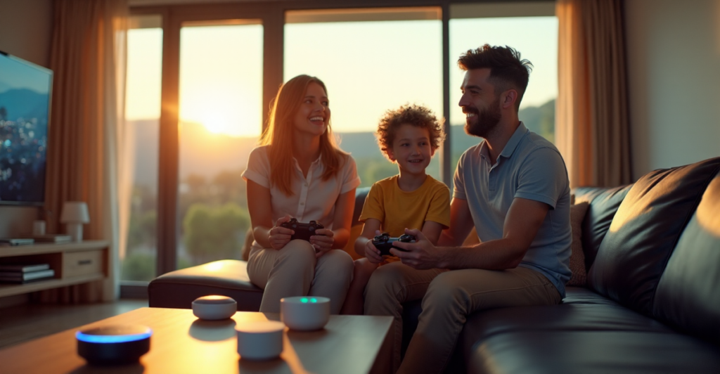 "A young family of three plays a multiplayer video game on their gaming console connected to the internet via 5G, surrounded by smart home devices in a modern living room."