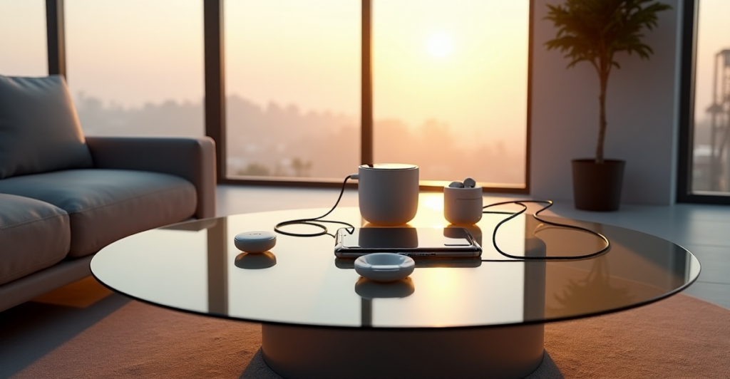 "A futuristic living room featuring a sleek silver smartphone with AI assistant, surrounded by cutting-edge gadgets and wireless devices, bathed in warm golden light."