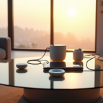 "A futuristic living room featuring a sleek silver smartphone with AI assistant, surrounded by cutting-edge gadgets and wireless devices, bathed in warm golden light."