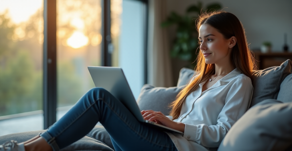 "A young adult sits on a modern couch, surrounded by cutting-edge education tech tools, focused on an interactive lesson plan displayed on their laptop."