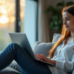 "A young adult sits on a modern couch, surrounded by cutting-edge education tech tools, focused on an interactive lesson plan displayed on their laptop."