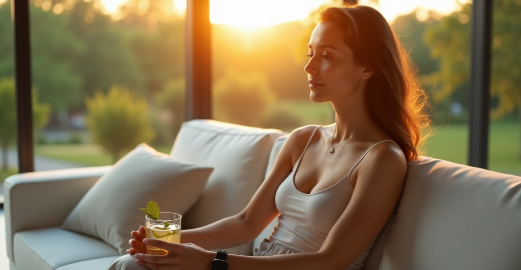 A serene woman sits on a minimalist couch in a modern living room with floor-to-ceiling windows overlooking a lush green park at sunset, surrounded by cutting-edge 5G gadgets and wellness tech elements, embodying balance and harmony amidst top 5G connectivity gadgets of 2025.