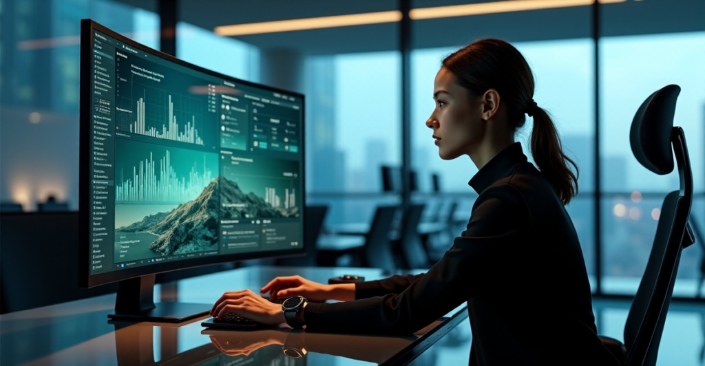 "A young professional sits at a minimalist glass desk surrounded by cutting-edge office technology in a serene futuristic workspace."