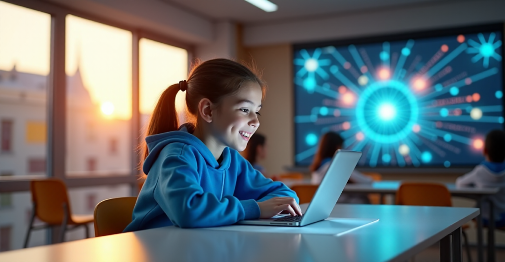 "A young girl explores EdTech tools in a modern classroom with cutting-edge gadgets, symbolizing empowerment and innovation."