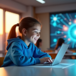 "Empowering Education Innovation: Unlocking Smarter Learning with Cutting-Edge EdTech Tools" "A young girl explores EdTech tools in a modern classroom with cutting-edge gadgets, symbolizing empowerment and innovation."