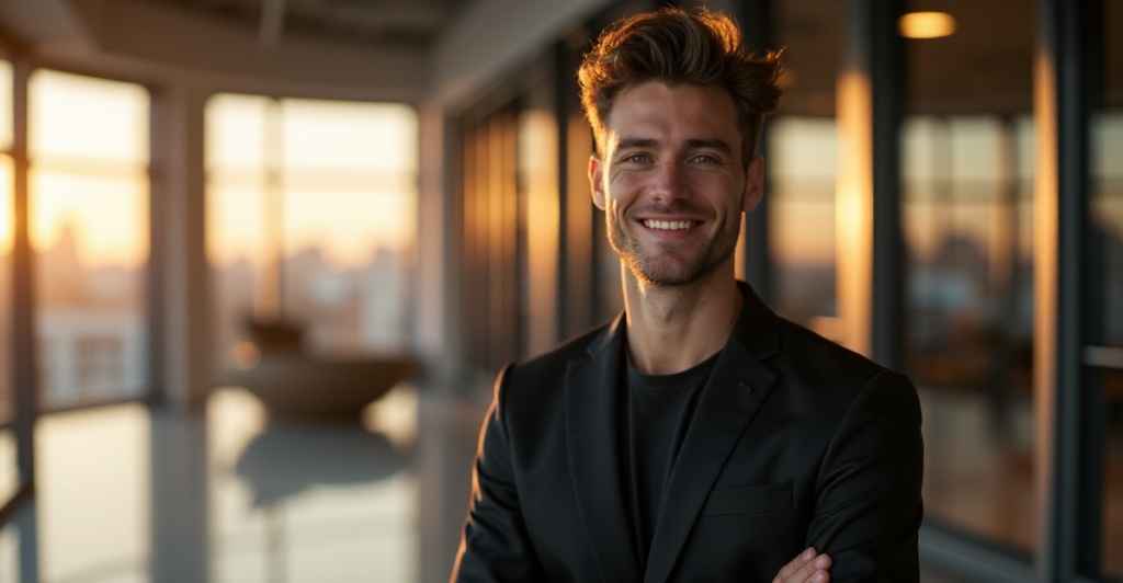 "Max Zypher standing confidently in front of a modern wellness center with cutting-edge technology, smiling warmly at the viewer."