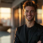 "Max Zypher standing confidently in front of a modern wellness center with cutting-edge technology, smiling warmly at the viewer."