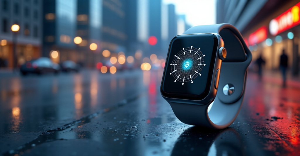 "A sleek silver smartwatch with blockchain-inspired design on a futuristic cityscape at dusk, highlighting top 5G connectivity gadgets 2025."
