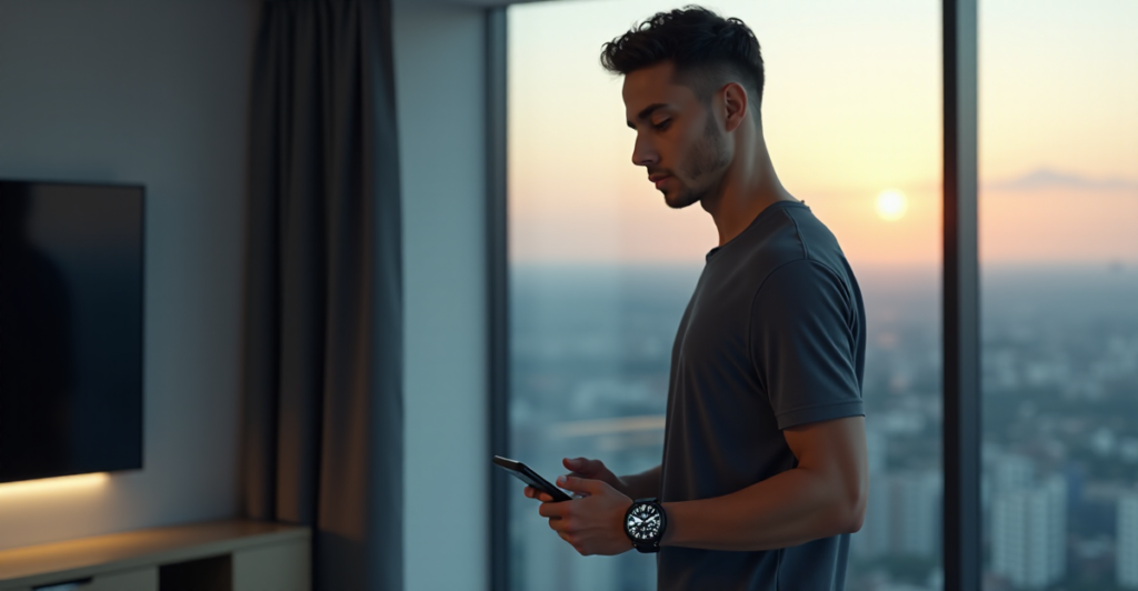 "A young adult wearing a high-tech smartwatch stands in a modern living room surrounded by top 5G connectivity gadgets 2025, including a compact smartphone, wireless earbuds, power bank, fitness tracker, and miniature tablet."