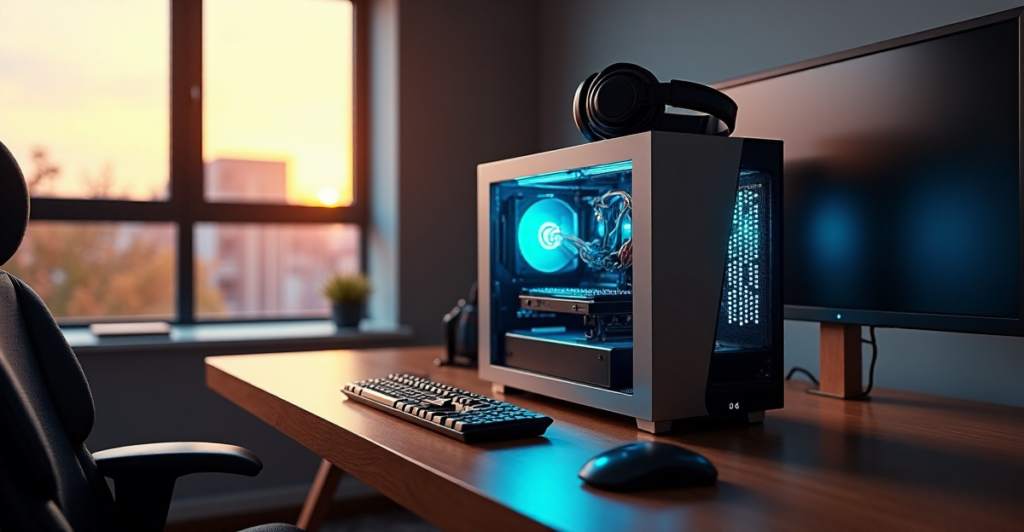 "A high-end gaming PC on a minimalist desk in a modern home office, surrounded by top 5G connectivity gadgets and immersive gaming accessories."