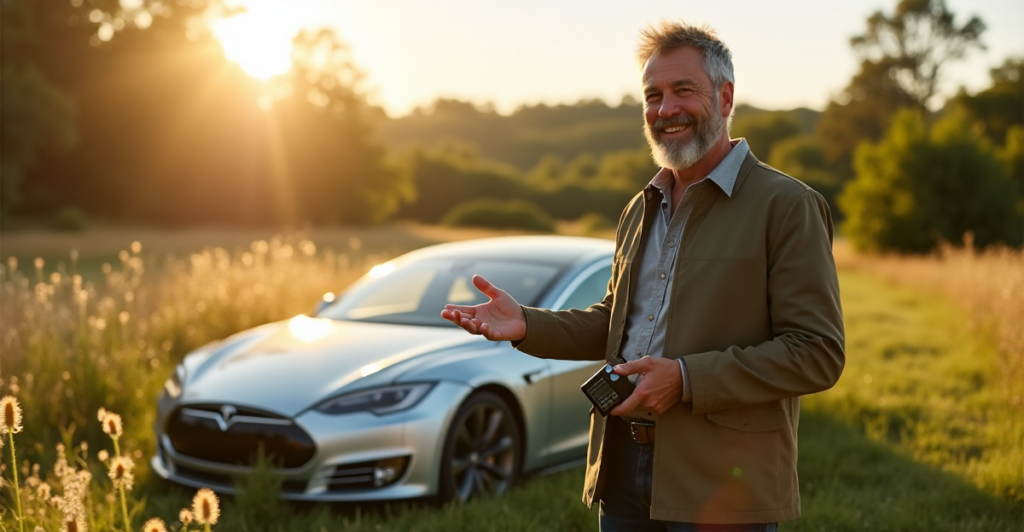 "Max Zypher stands confidently in front of a sleek Tesla Model S, gesturing towards cutting-edge green tech solutions amidst a lush meadow."