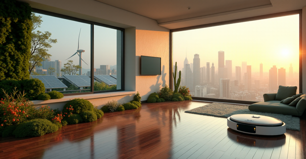 "A futuristic smart home with a lush rooftop garden, solar panels, wind turbines, and vibrant flowers, surrounded by a serene cityscape at dusk, showcasing sustainable living and top-notch 5G connectivity."