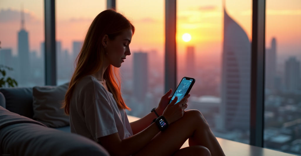 "A young woman sits on a modern couch, surrounded by cutting-edge 5G gadgets, interacting with AI-powered devices in a serene cityscape at sunset."