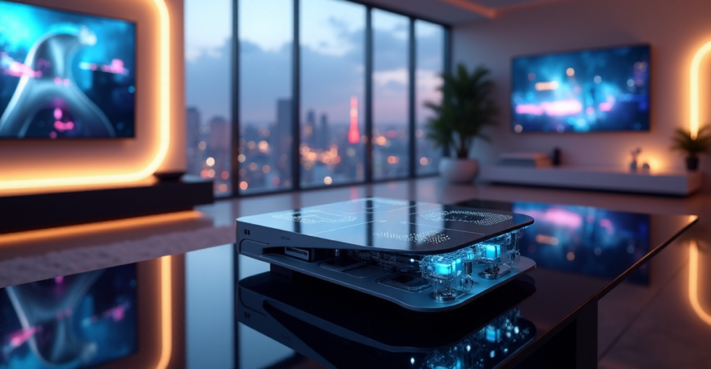 A futuristic gaming setup with a sleek console, AI-powered tech essentials, and large curved screens displaying immersive gaming experiences and artwork in a high-tech living room environment.