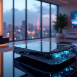 "Future Gaming Unleashed: Top 5G Gadgets and AI-Powered Tech Essentials" A futuristic gaming setup with a sleek console, AI-powered tech essentials, and large curved screens displaying immersive gaming experiences and artwork in a high-tech living room environment.
