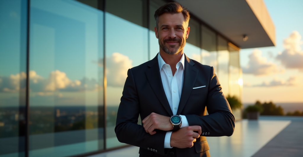 "Max Zypher stands confidently in front of a modern wellness center, holding a futuristic smartwatch with glowing blue interface, surrounded by high-tech health trackers."