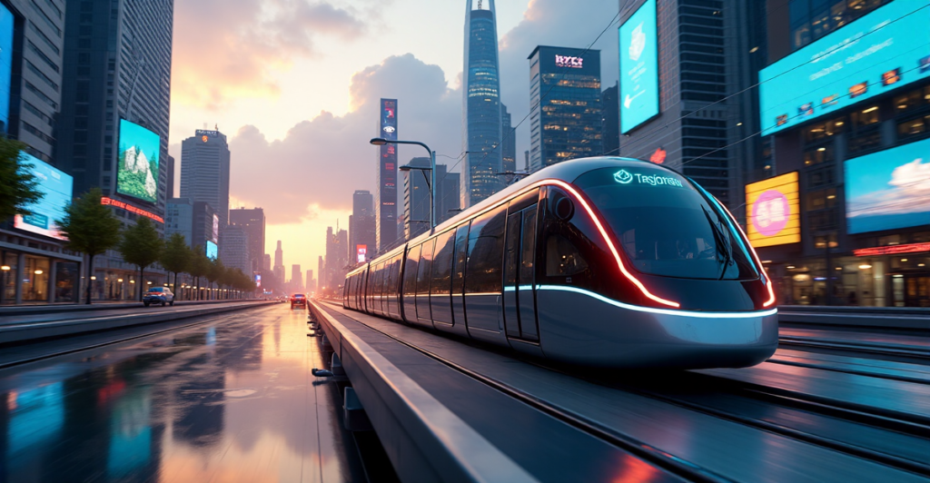 "A sleek silver self-driving tram glides along an elevated track amidst a futuristic cityscape with cutting-edge 5G connectivity integrated into its infrastructure."