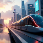 "Designing Smarter Cities with 5G Connectivity" "A sleek silver self-driving tram glides along an elevated track amidst a futuristic cityscape with cutting-edge 5G connectivity integrated into its infrastructure."