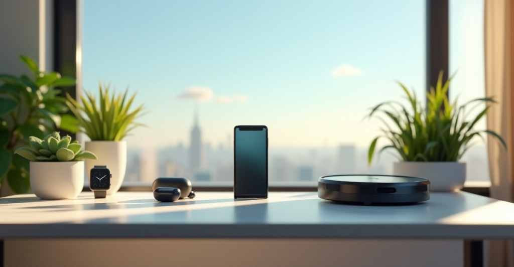 "A modern home office with top 5G connectivity gadgets 2025, including a smartphone, smartwatch, wireless earbuds, and robot vacuum cleaner, amidst calming natural light and serene atmosphere."