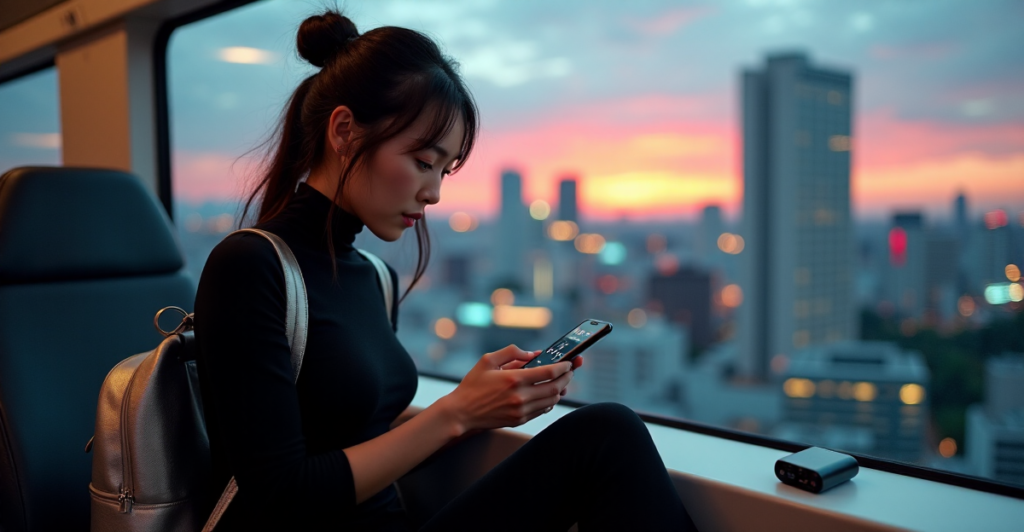 "A young woman sits on a train in Tokyo, surrounded by city lights, using cutting-edge mobile travel gadgets to navigate her journey."
