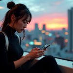 "Maximize Efficiency on the Go: Unlock Smarter Journeys with Top Mobile Travel Gadgets and Advanced 5G Tech" "A young woman sits on a train in Tokyo, surrounded by city lights, using cutting-edge mobile travel gadgets to navigate her journey."